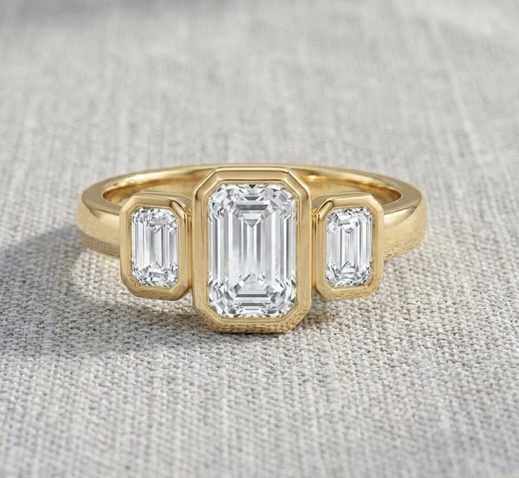 Bezel Emerald Cut Trilogy Ring - Diamond Boulevard Burnside